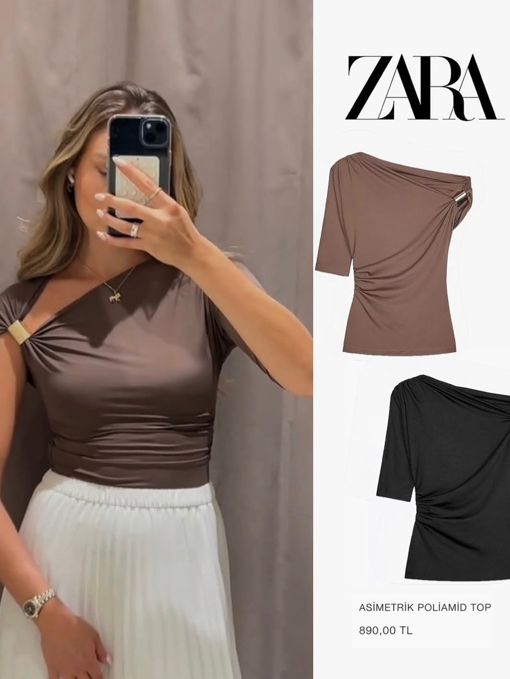 Zara One-Shoulder Twist Top in Brown